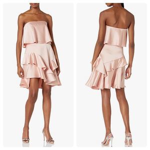 Halston Heritage Strapless Flounce Skirt Satin Dress